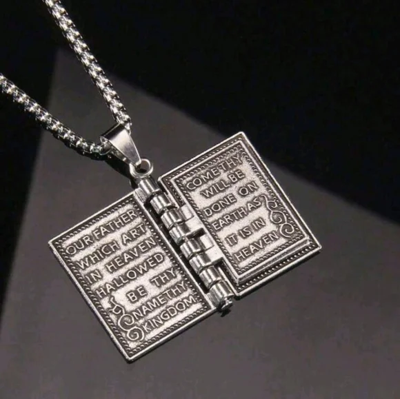 Holy Bible Book Pendant Necklace - Silver Tone - Picture 2 of 4